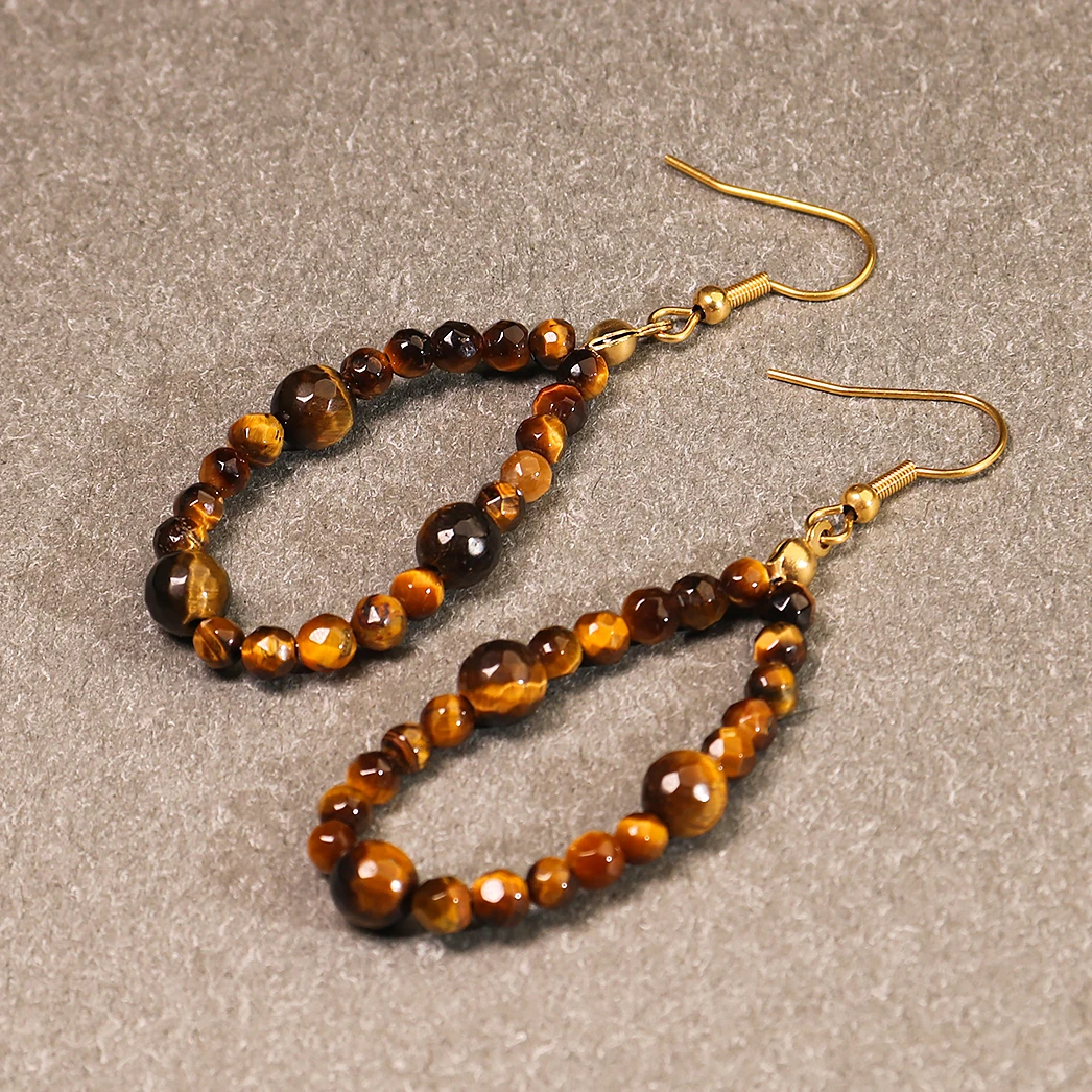 New Ins Arrival Fish Hook Tiger Eye Stone Women Earrings Hoop Bohemia Style Big Circle Crystal Beaded Earring