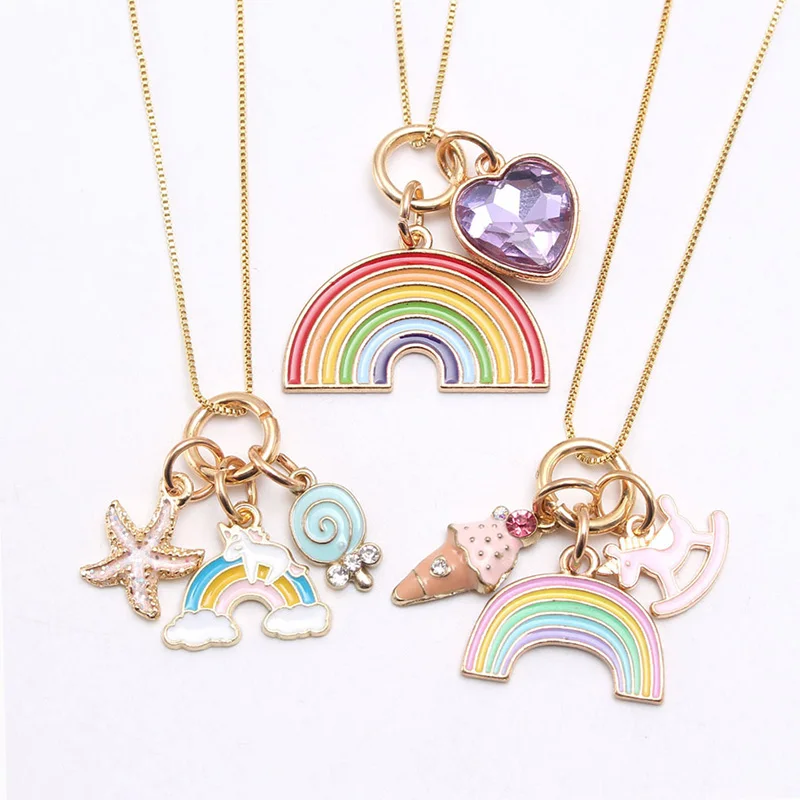 
In stock children jewelry rainbow design kids gift alloy pendant girls chain necklace 