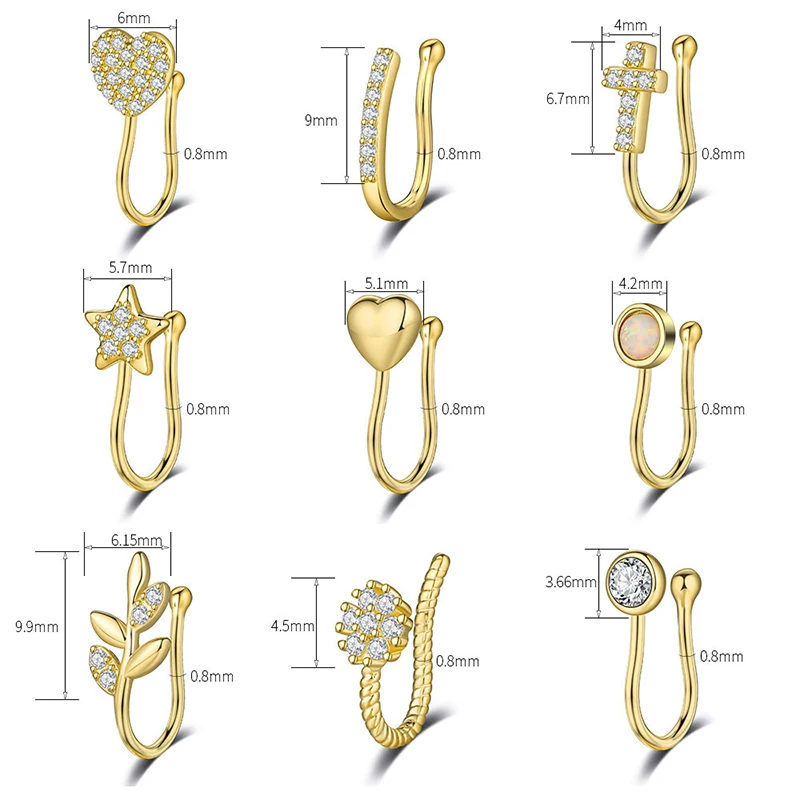 Wholesale Fashion Heart Star Zircon Faux Fake Piercing Jewelry Nose Cuffs Non Piercing Clip On Hinged Gold Nose Rings For Women