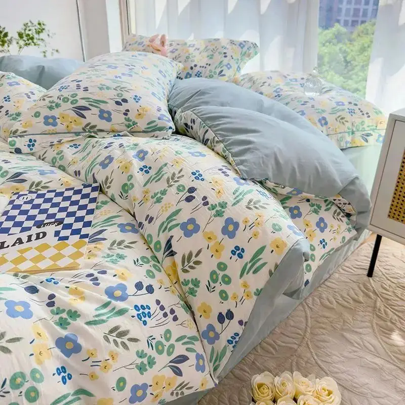 Printed Linen Double Yarn Fabric Home Linen Bed Sheet Beautiful Colorful Satin Polyester Hotel Bedding Set For Girls
