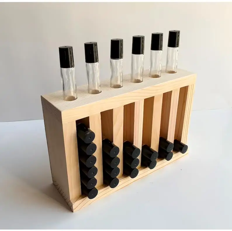 Custom creative wooden roller ball bottle display stand wooden perfume display essential oil stand