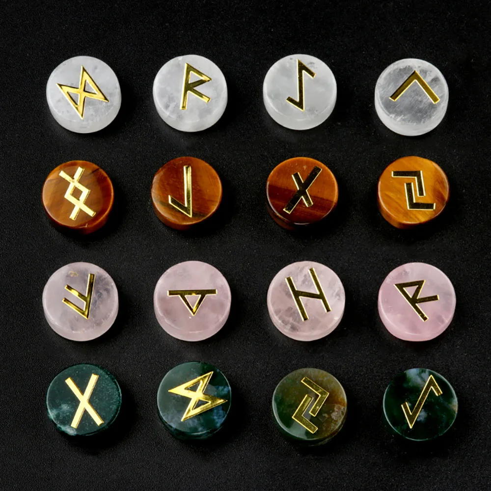25 pcs each packs of runes crystal carving natural crystal runes letter round tablet set Nordic Germanic