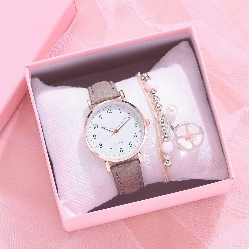 Fashion 2pcs/set Women Leather Strap Wristwatch Best Price Gift Quartz Watch and Bracelet