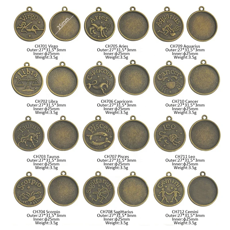 Fashion jewelry with the signs of zodiac 12 constellations metal charms antique bronze plated pendent for DIY 25mm glass stone