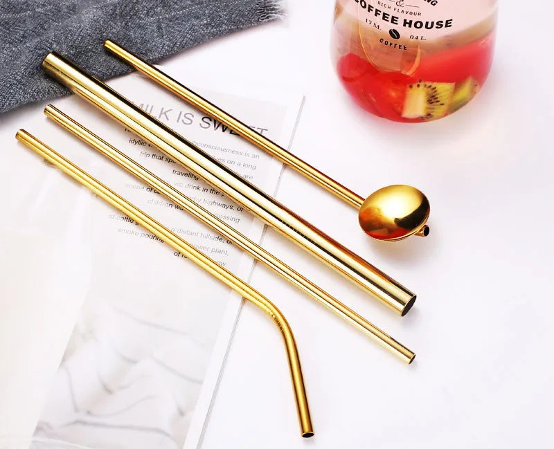 SMT 6PCS Reusable Boba Metal Straws Stainless Steel Drinking Straw Set With Spoon Cleaning Brush & Travel Case