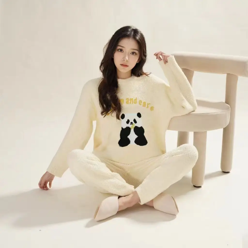 Ladies Casual Home Wear Pajamas New Spring Autumn Winter Long Sleeve Fleece-Lined Striped Suit Knitting Fabric Loose Fit Cartoon