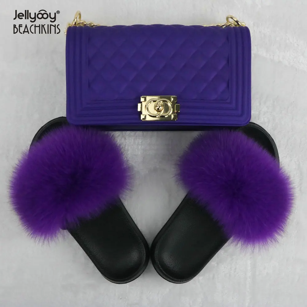
Jellyooy BEACHKINS PVC Matte Jelly Bags With Fox Fur Slippers Sets Purse Bag Match Fur Slides Sandals Sets 