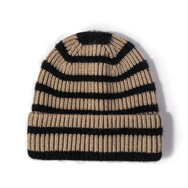 Ribbed Wool Beanie for Women Wholesale 2022 Thick Color Block Pattern Wool Winter Hat Black White Striped Toque