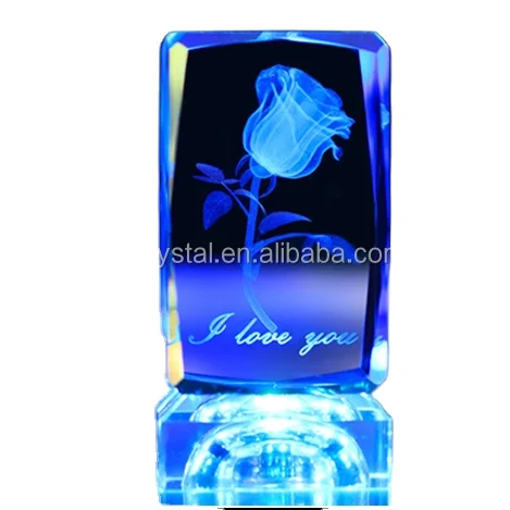 Wedding favors or Christmas Decoration Gifts 3D Laser rose  Engraved Crystal Block with led light base