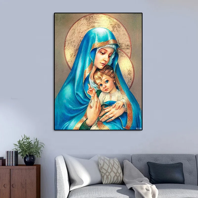 Vintage Religion Virgin Mary Baby Jesus Nordic Poster Wall Pictures For Living Room Home Decor Wall Art Canvas Painting Framed