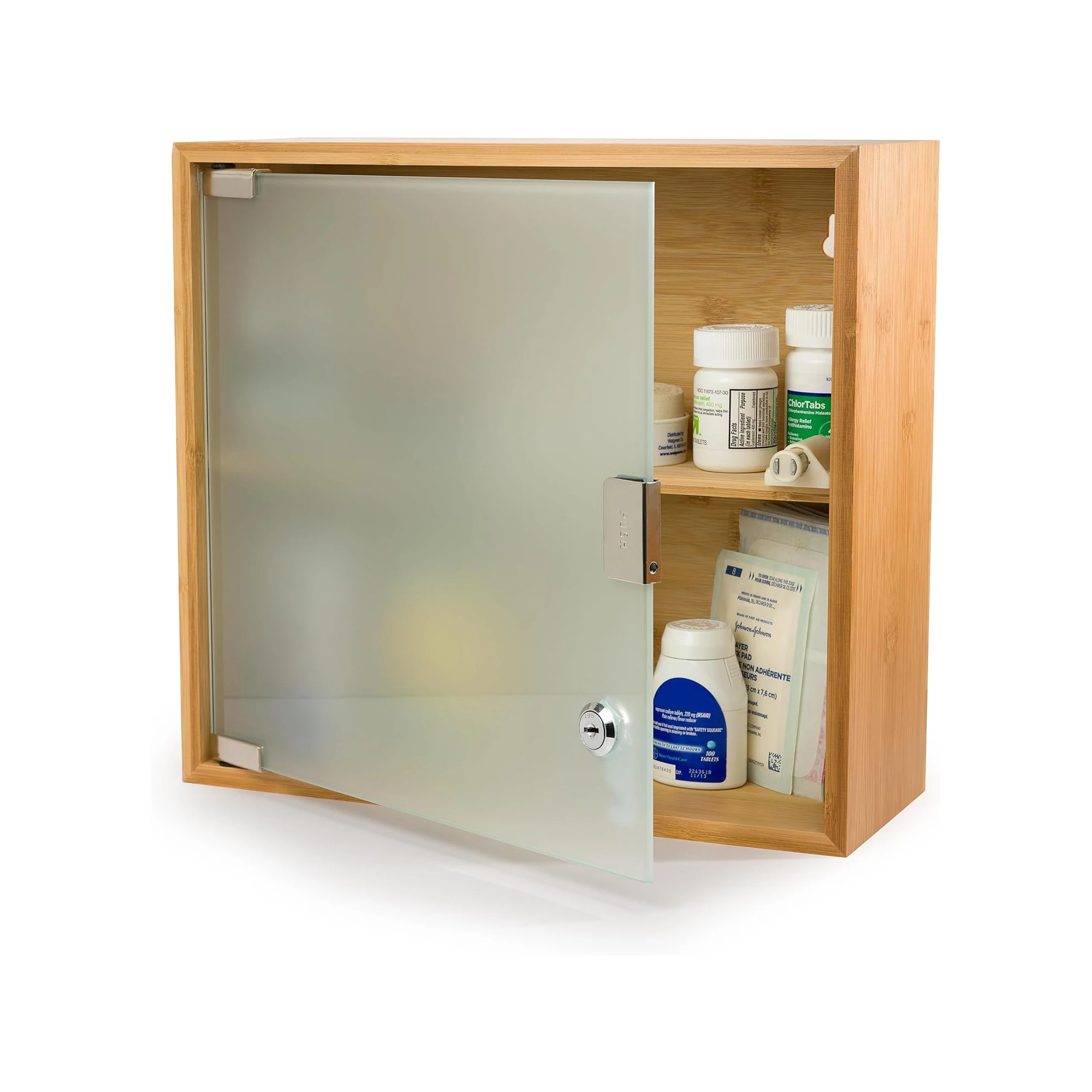 Wall Mount 2 Layer Bamboo and Glass Locking Medicine Cabinet for Bathroom or Home Use