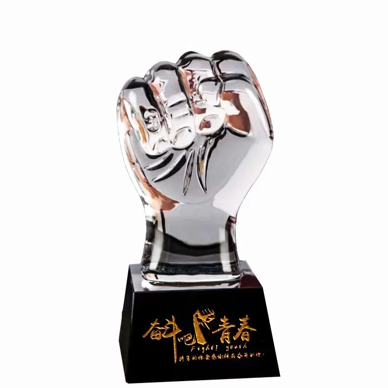 Pujiang Factory Hot Selling K9 crystal glass hand trophyies award custom crystal fist trophy Awards with crystal base