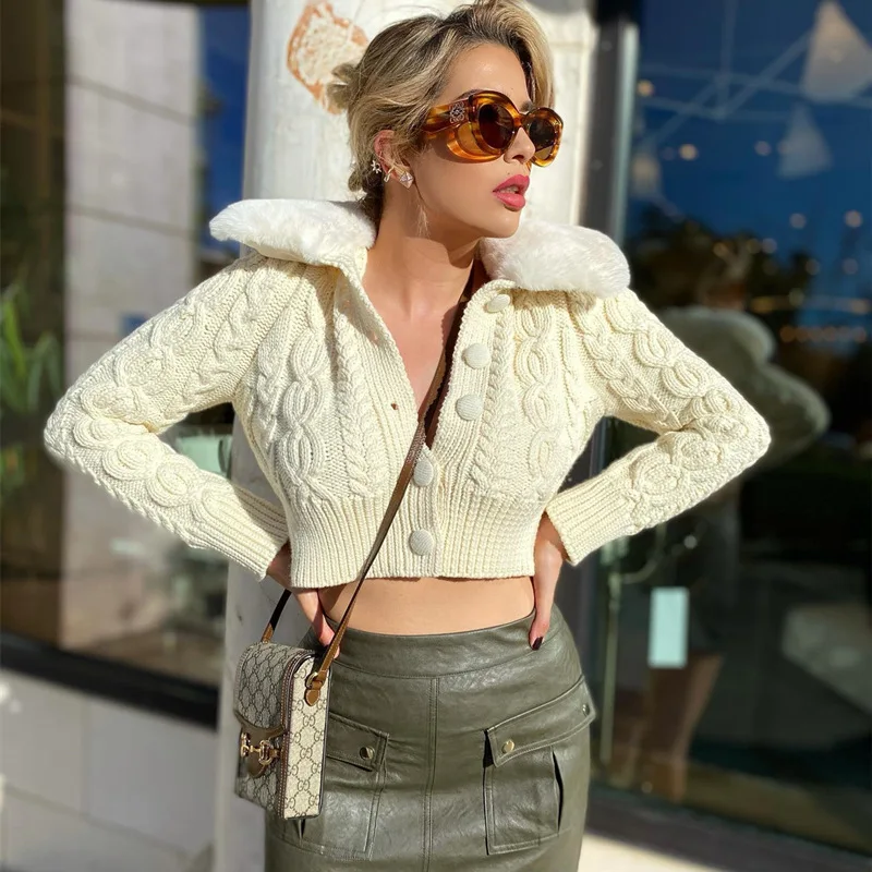 Wholesale Fashion Fancy White  Sweater Cable Knit Cardigan Sweater