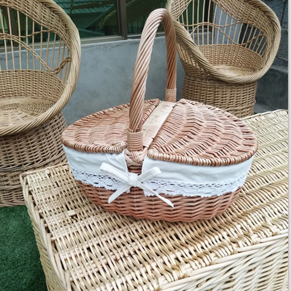 Bread Fruit Food Snack Breakfast Display Hand-Woven Wicker Rattan Tray Round Picnic Storage Basket