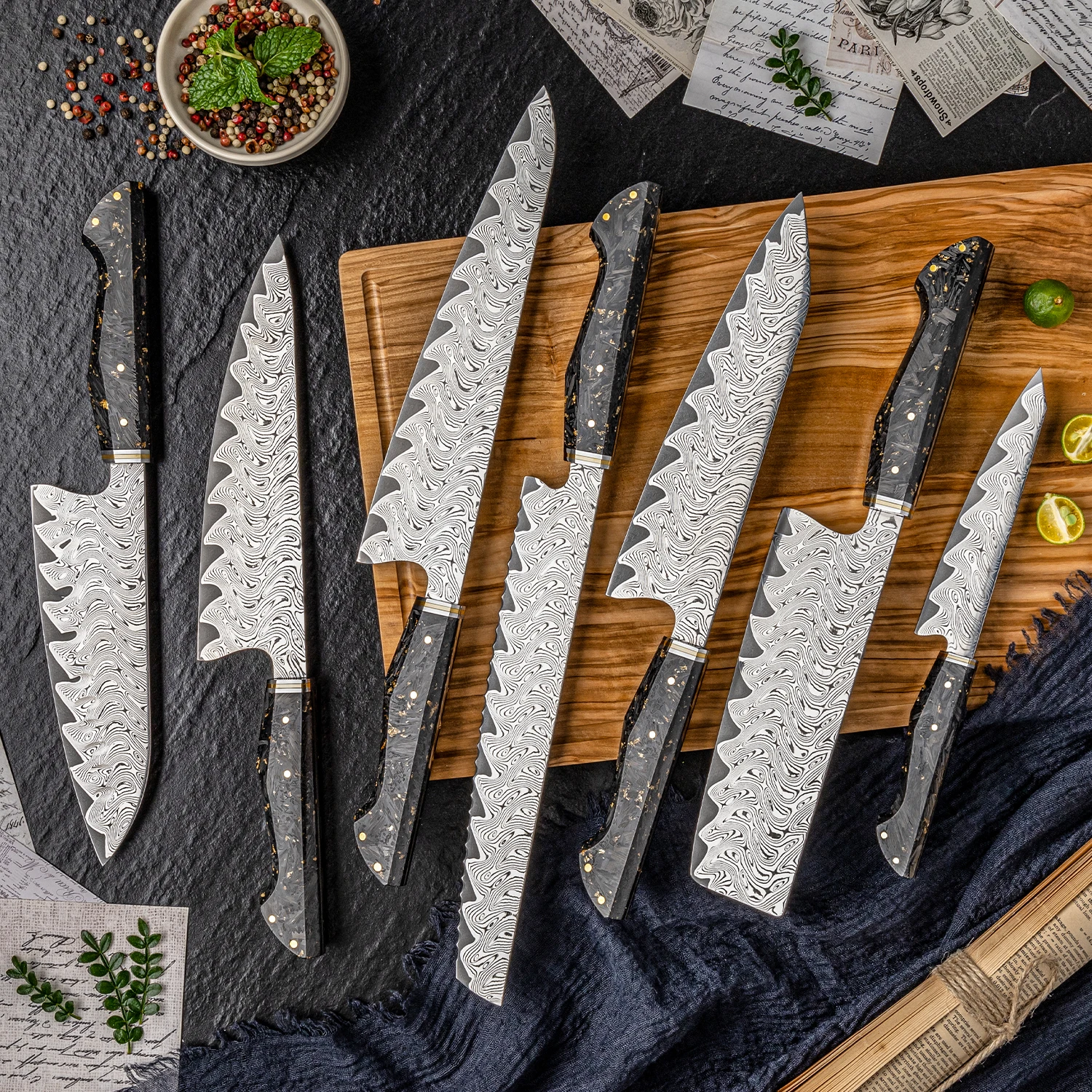 7 PCS Professional Kitchen Chef Knife Set Japanese 67 Layers Damascus Steel Chef Kitchen Knives Sets Carbon Fiber Resin Handle