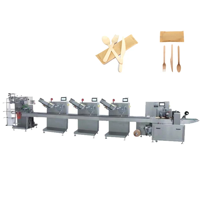 Упакованная одноразовая деревянная машинка для столовых приборов/многофункциональная упаковочная машинка, автоматическая деревянная ложка, вилка, нож, салфетка, упаковочная линия
