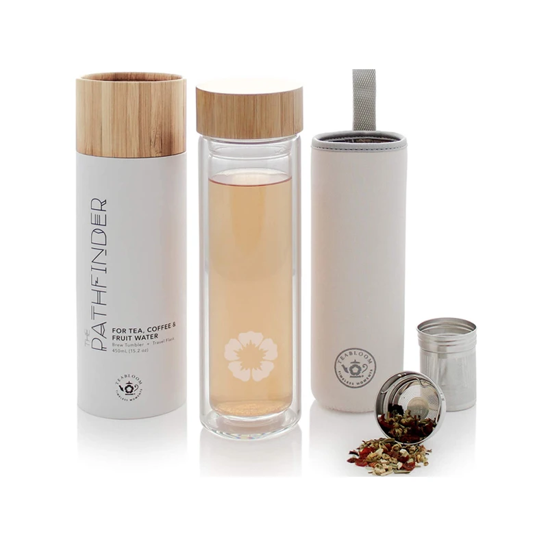 Bamboo Lid Tea Tumbler Drinking Double Walled Glass Water Bottle With Infuser