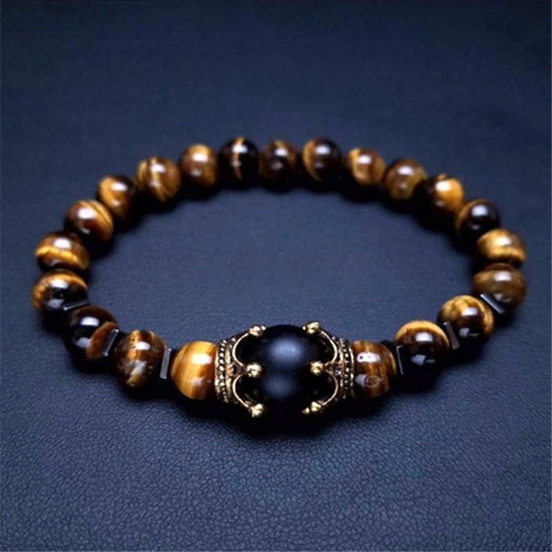 Male Fashion Luxury Hand Jewelry Antique Crown Amber Charm Elastic Natural Gemstone Tiger Eye Stone Beads Bracelet