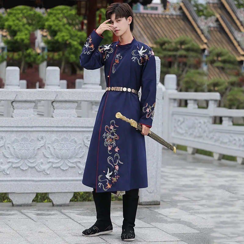 Китайская Династия Тан, рыцарь-эррант, круглый воротник, халат с поясом, вышитый мужской Традиционный китайский костюм ханьфу