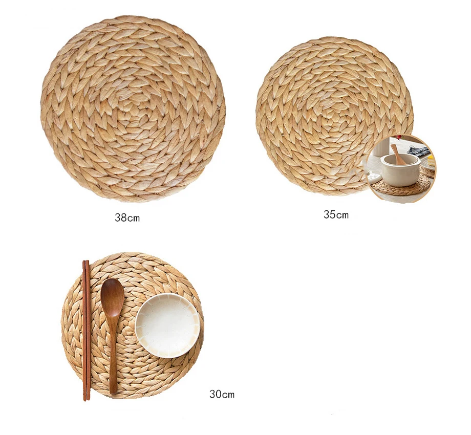 Hand-woven cup bowl pan heat-proof place mat table decoration seeglass straw circular water hyacinth placemat big full table mat