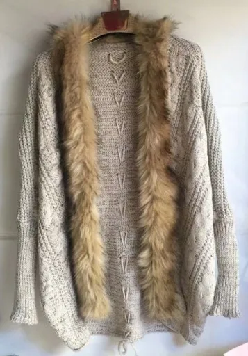 New Fashion Women European Style Fur Collar Bat Sleeve Knitted Cardigan Shawl Coat Winter Sweater
