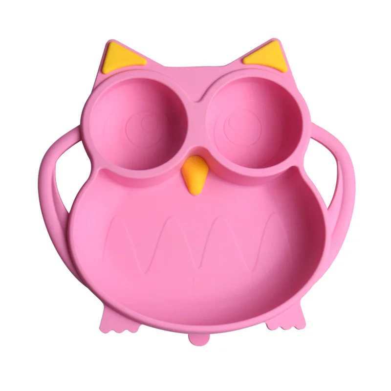Manufacturer Supply Food Grade Silicone Owl Shape Baby Dinner Feeding Plate With Stainless Steel Spoon And Fork