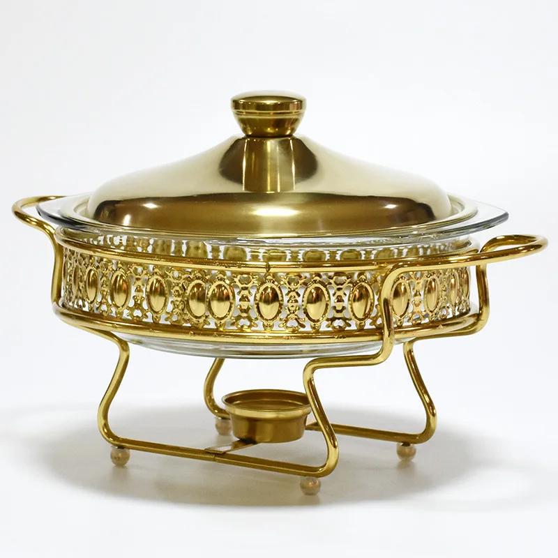 New Gold Round Glass Buffet Stove 2.0L Food Heating Container Dining Table Dry Fondue Alcohol Stove