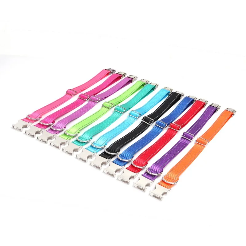Nylon Reflective Dog Collar Solid Color Engravable Metal Buckle Outdoor Walking Collar Pet Accessories Supplies
