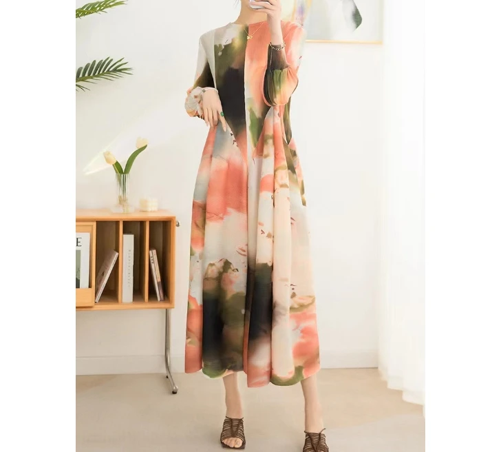 Sheen High Quality Ladies Fashion Print Pleated Plus Size Lady Casual Dresses Miyake African Designs in Chiffon Women Long Dress