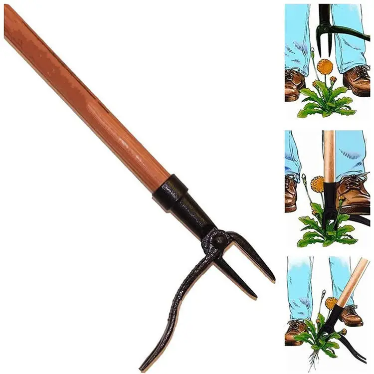 Factory Top Seller Long Bamboo Handle 4-Claw Steel Head Design Weed Removing Tool Stand Up Weed Puller