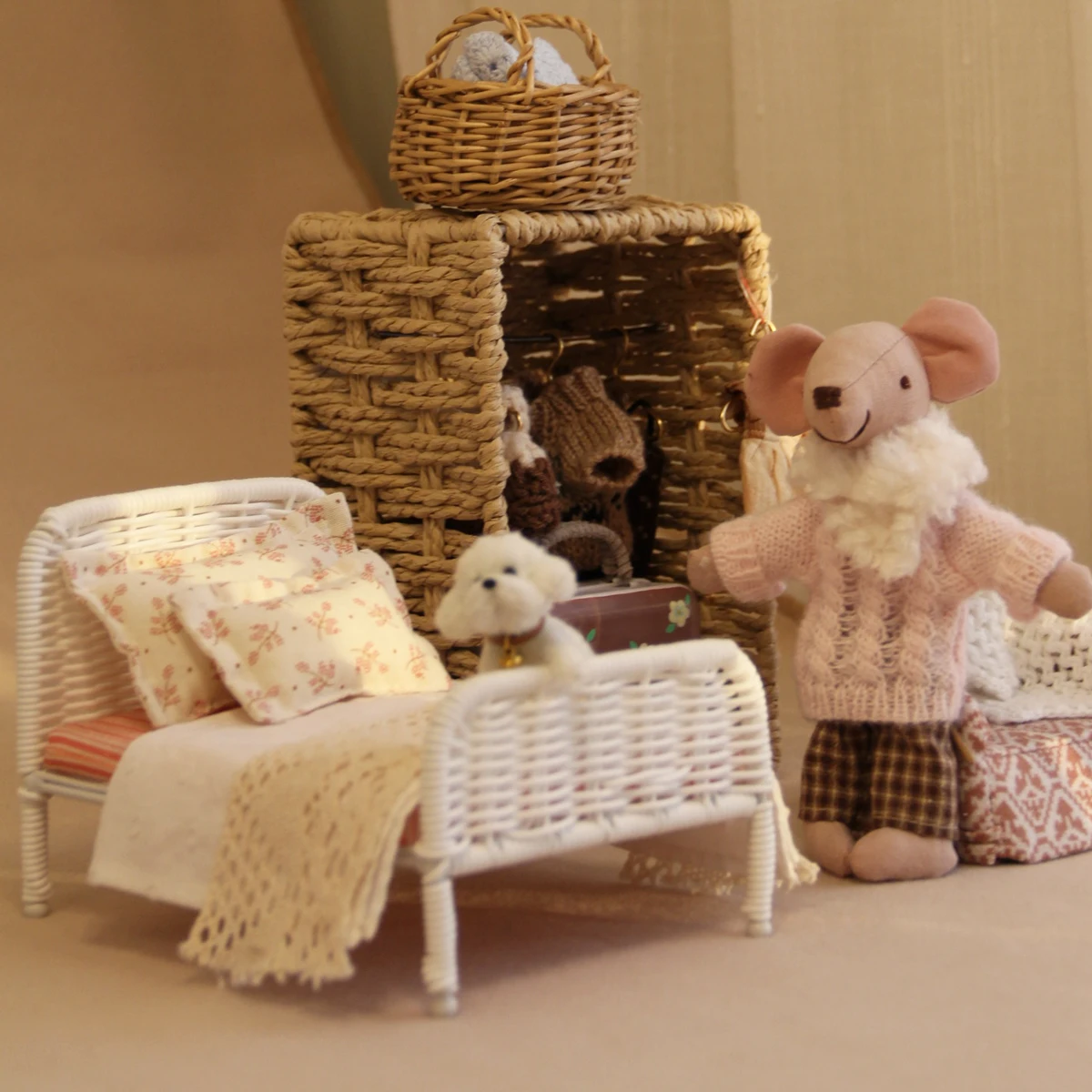 Mini Bedroom furniture maileg style rattan woven bed set decorated with 1:12 mini doll house furniture