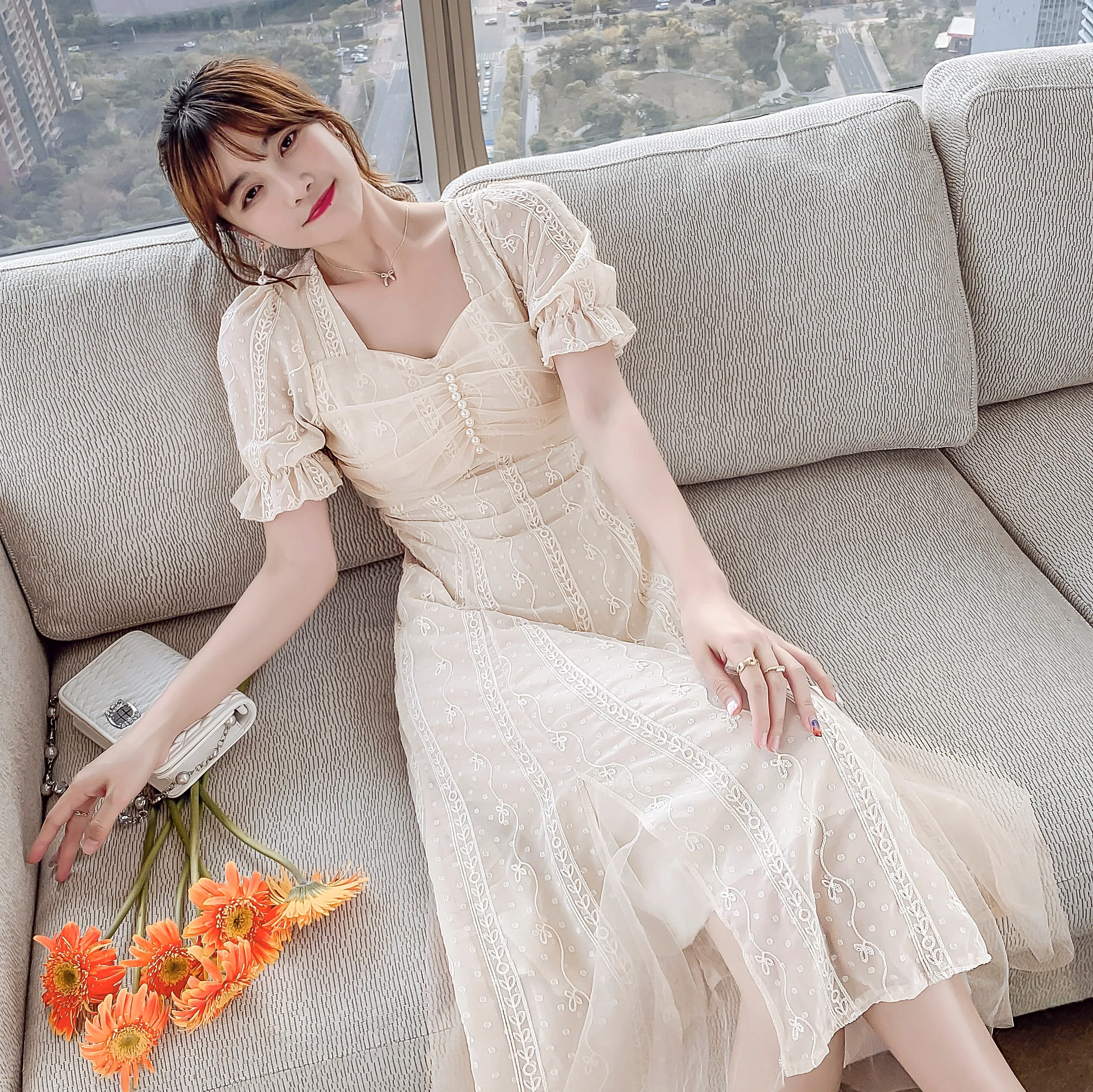 Beading Women Mesh Midi Dress Summer Apricot Sweet Tulle Chiffon Elegant Ruffle Sleeve Long Evening Dresses For 2022