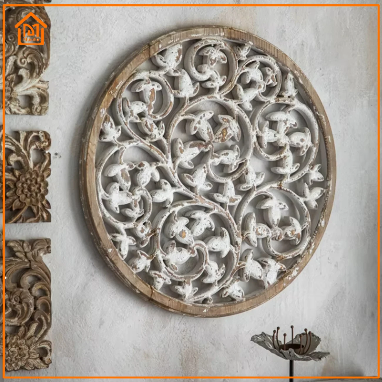 Home Decoration European Uk Contemporary Garden Flower Wall Art Decor For Living Retro solid wood carving wall decoration