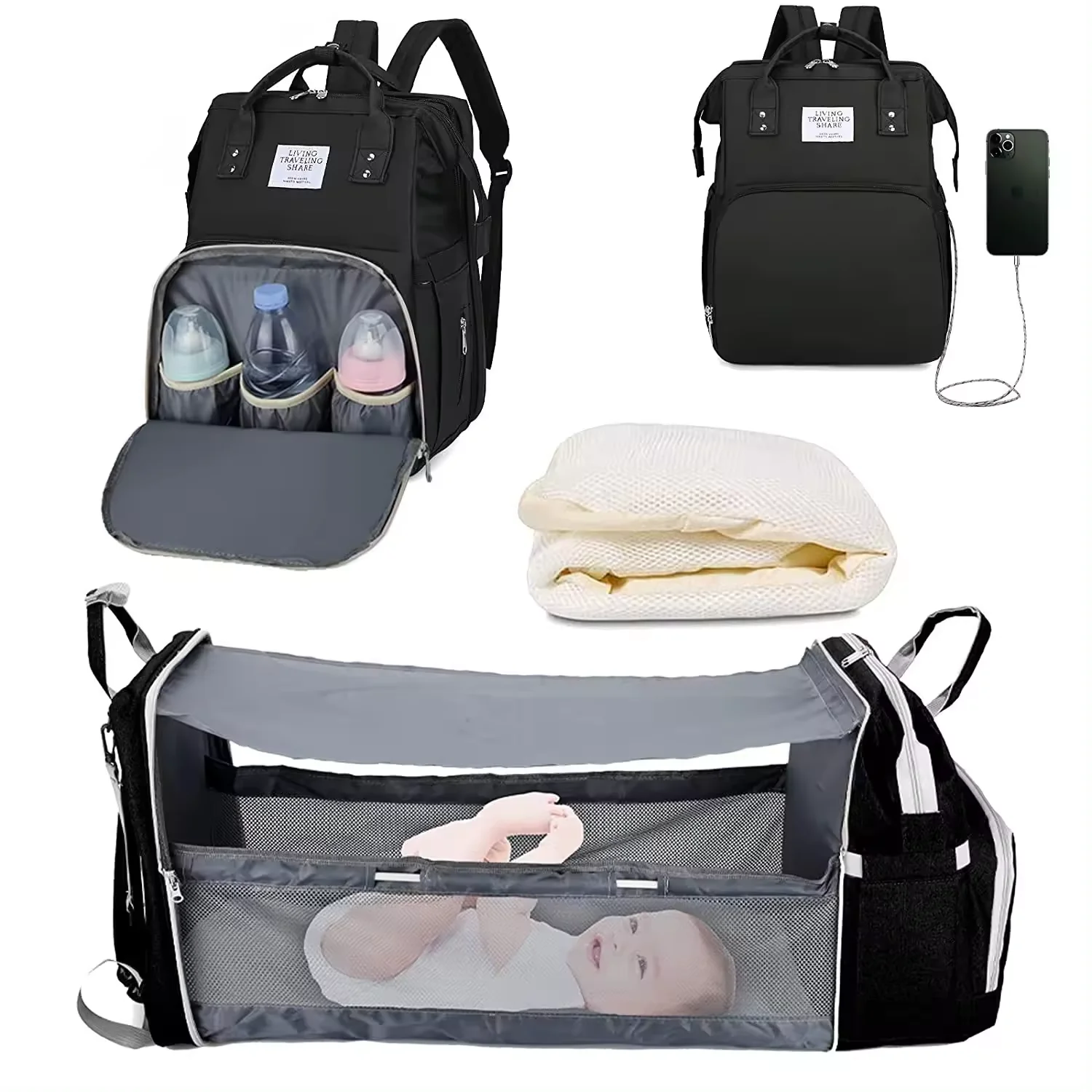 Waterproof Maternity custom  OEM large multi-functional Folding Lightweight Portable baby diaper bag backpack with changing bed