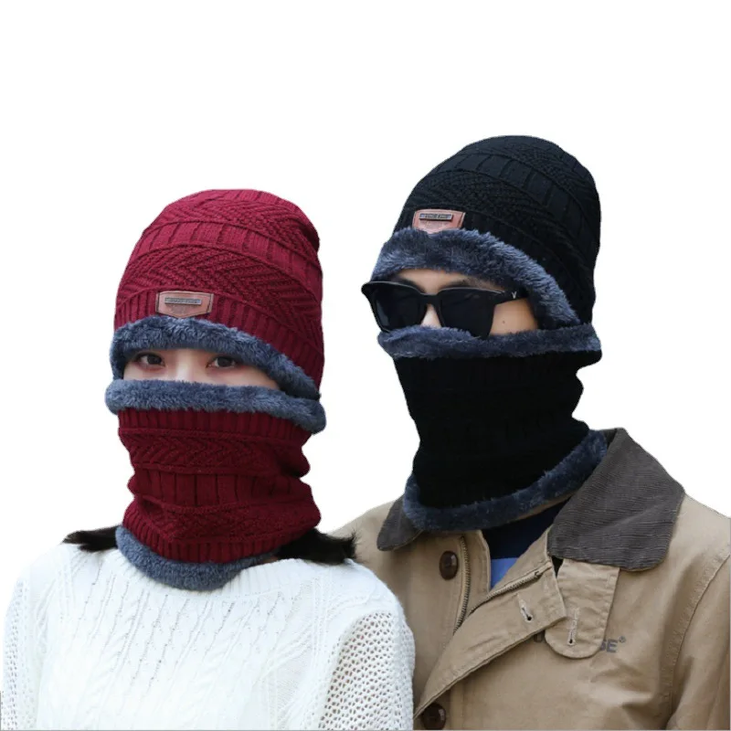 2022 men warm winter hat with Scarf Wool Lining Thick Warm Knit beanies Winter Beanie Caps bonnet For men