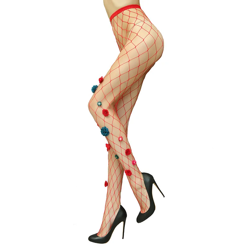 
2021 New Fashion Women Sexy Fishnet Full Footed Pantyhose Red Stockings Socks with Flower 