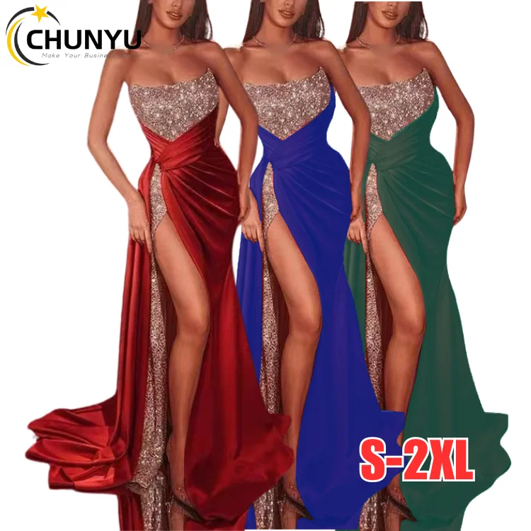 2022 New Fashion Women Sequin Dress Long Skirt Gown Wedding Elegant Casual Sexy Dresses Red long dress with slit