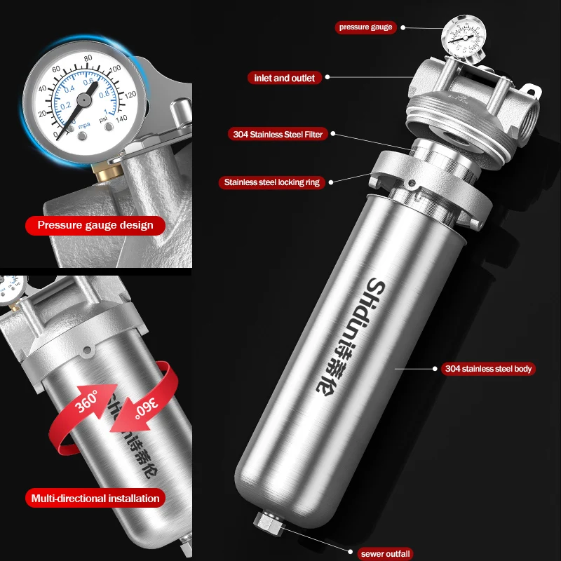 Whole House Water Filter 304 Stainless Steel Shell Manual Water Pre-purification filters with inlet and outlet for Domestic