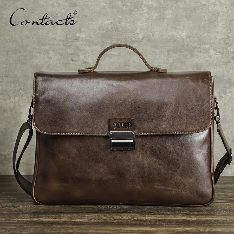 Combination Lock Lawyer Handbag Vegetable Tanned Italian Leather Briefcase for Laptop 16 inch