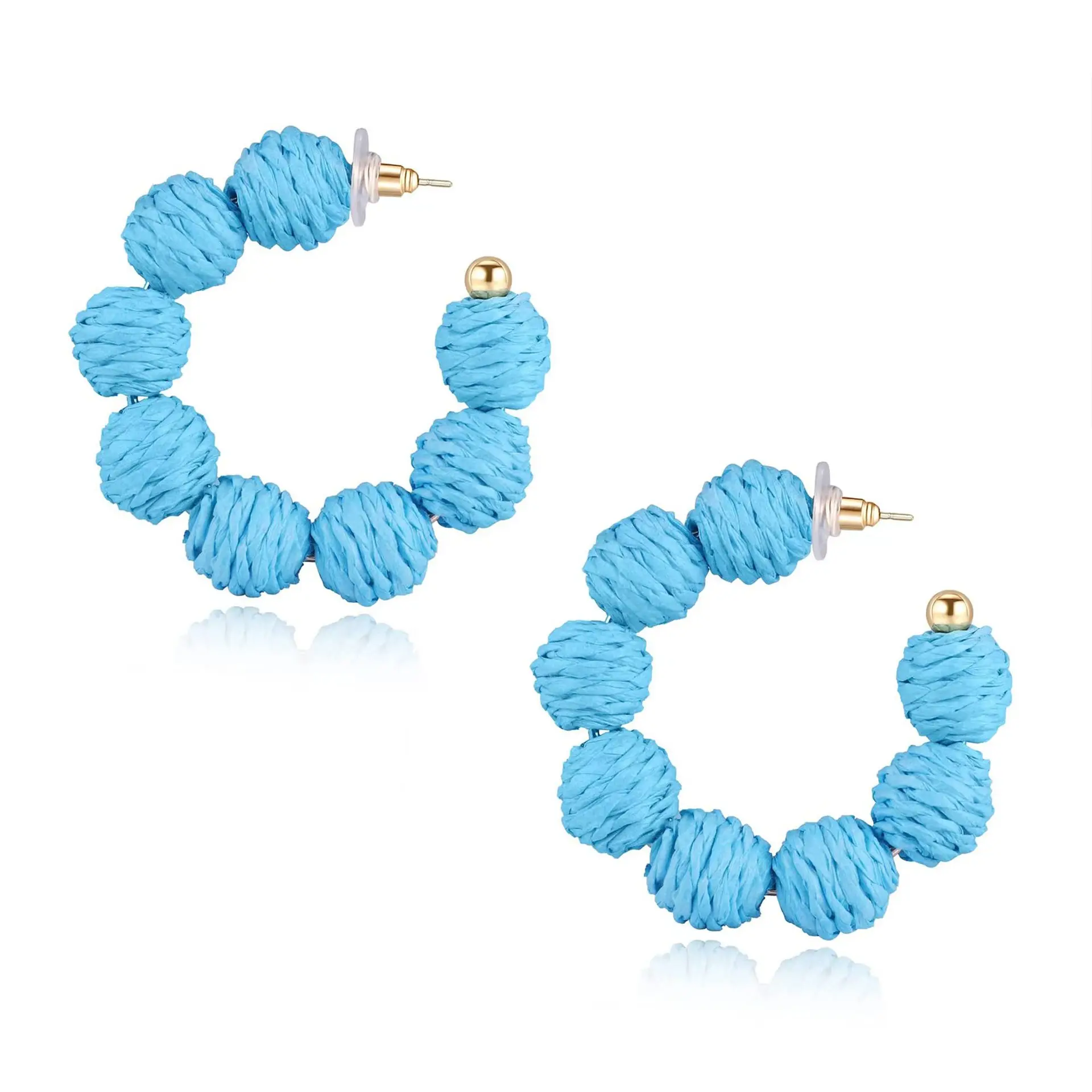 Wholesale Summer Boho Raffia Ball C Shape Chunky Hoop Dangle Earrings Straw Wicker Statement Earrings For Women Girls