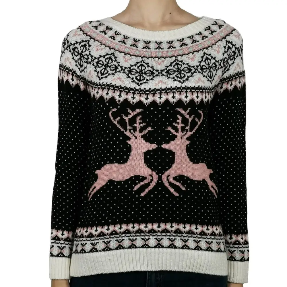 
Oem Customized Jacquard Knit Fashion Casual Cashmere Wool Christmas Character Pattern Women Sweater Pullover 