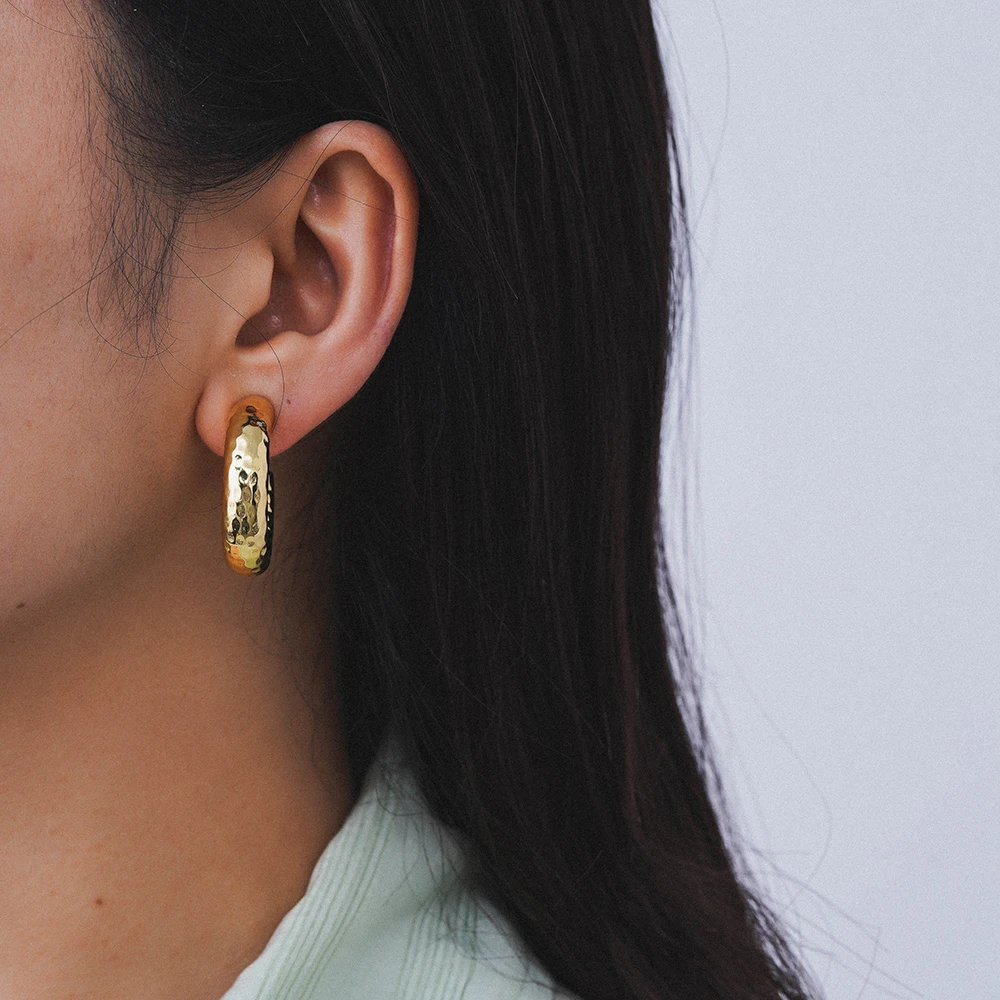 Custom Fahion Women jewelry 2024 14k Gold Plated Hammered Brass Earring Textured Hoop Earring