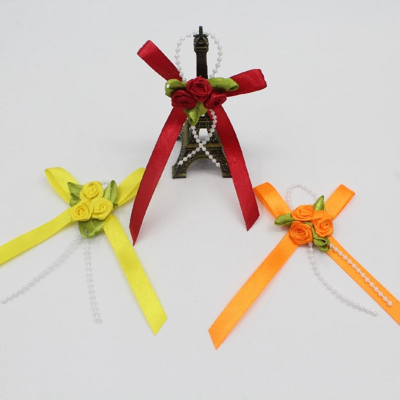 Manufacturer Custom 1cm Multi-color Ribbon Plus Small Flower Sticky Pearl Chain Hand Tie Bow