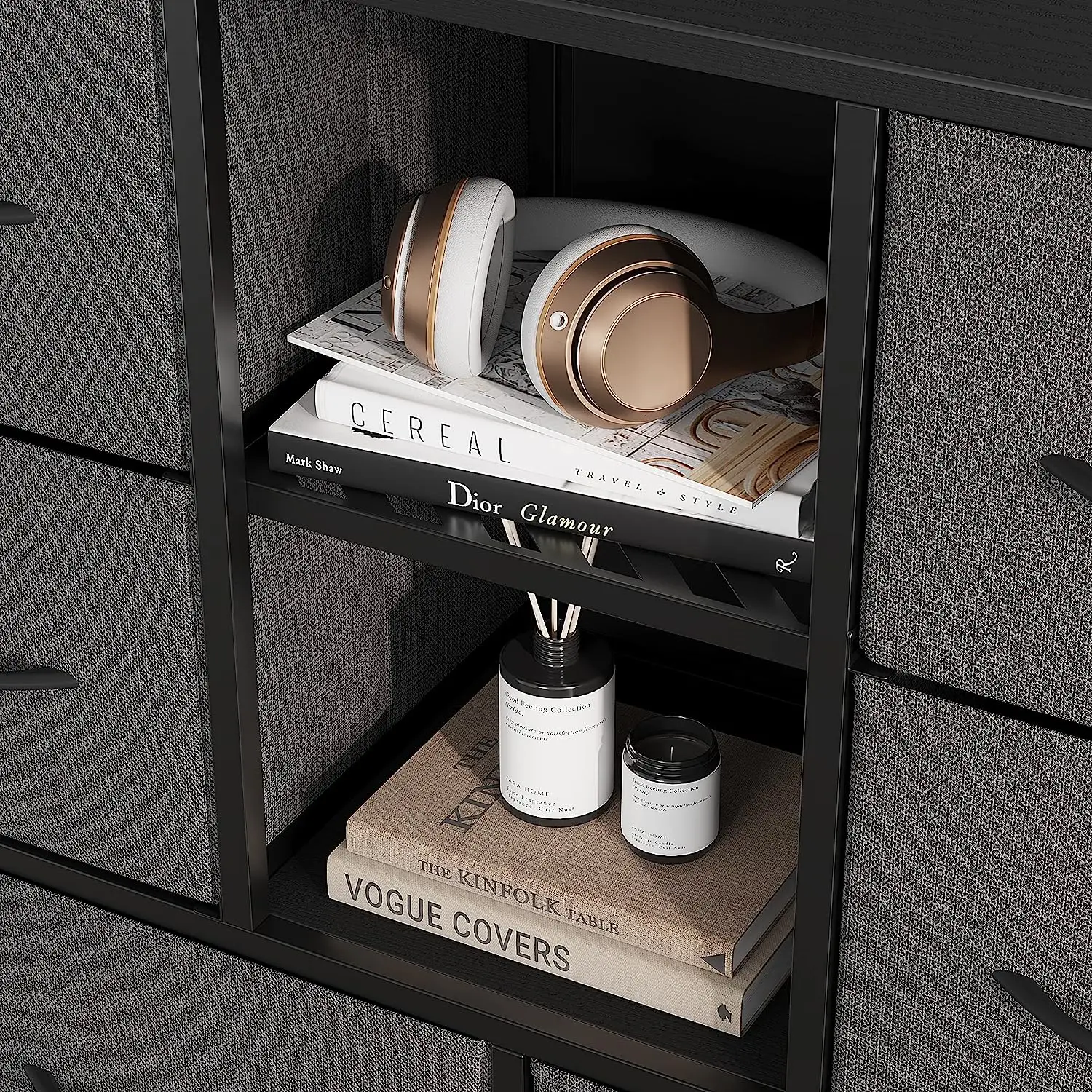 Black Fabric Eight Drawer Storage Large Capacity Cabinet Living Room Bedroom Storage Shelf With Two Dividers In The Middle