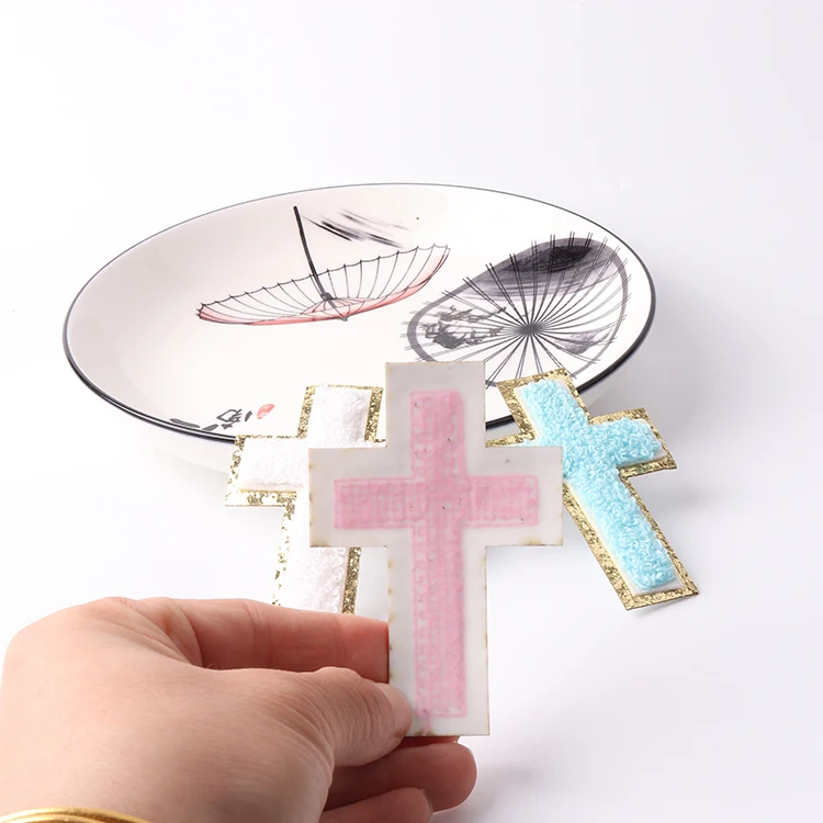 Wholesale Christian cross embroidery iron on patch silver glitter fuzzy chenille Jesus cross patch iron on for clothing hat