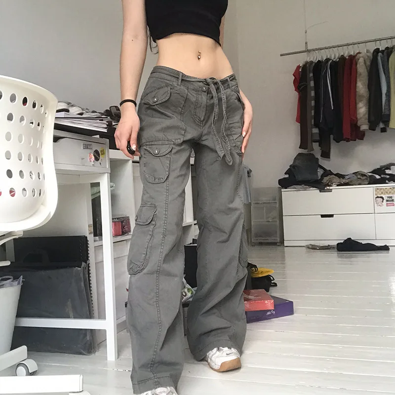 Vintage Streetwear Women Drawstring Girls Cargo Pants Baggy Fit Jeans With Big Pockets