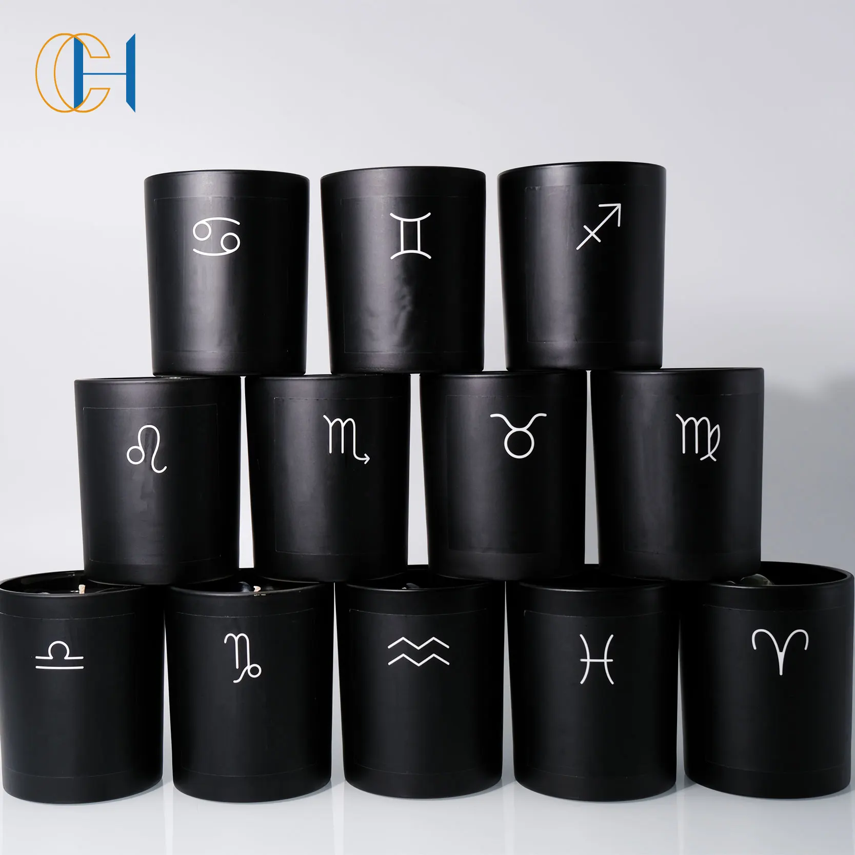 Custom Logo Black Constellation Candle Holder Matte Black Color Empty Container Wide Mouth Glass 12 Zodiac Candle Jar