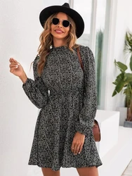 2022 new fashion women causal street style elastic shirred waist long sleeve chiffon dress