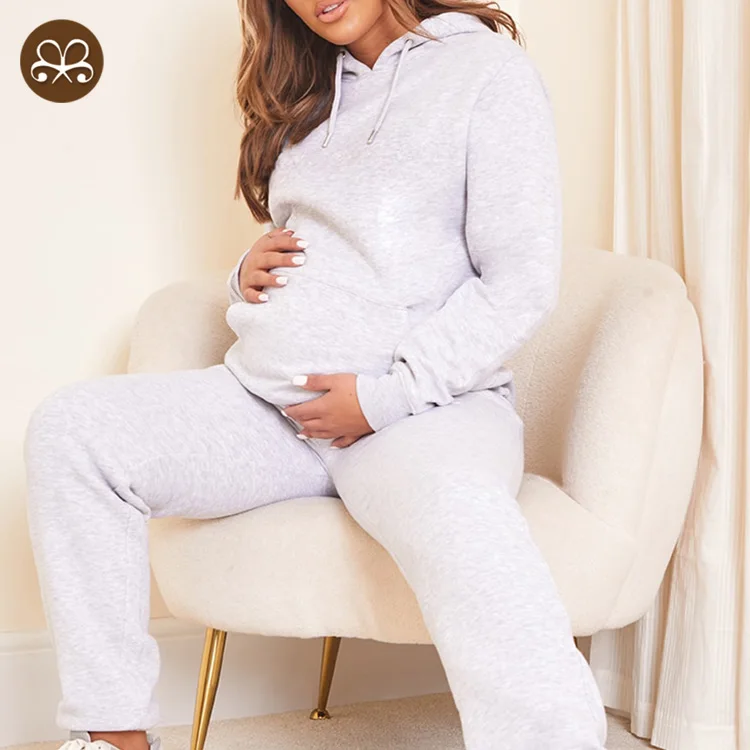 Maternity Grey Embroidery Pregnancy Hoodie Jumper Maternity Top Women Sports Wear maternity clothing