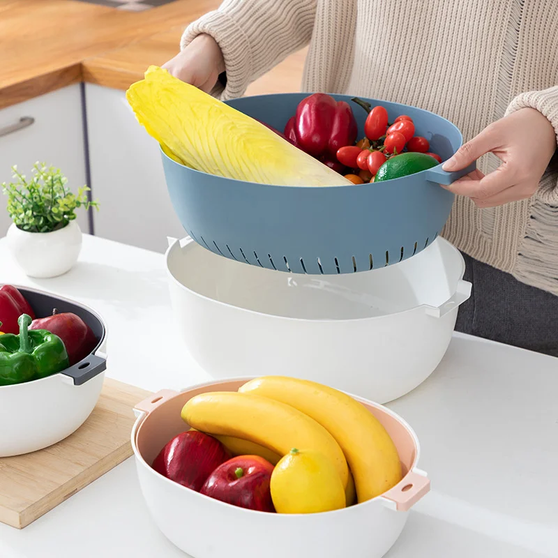 Creative Double Layer Kitchen Drain Basket Fruit And Vegetable Basket Portable Rice Washing Machine For Kitchen